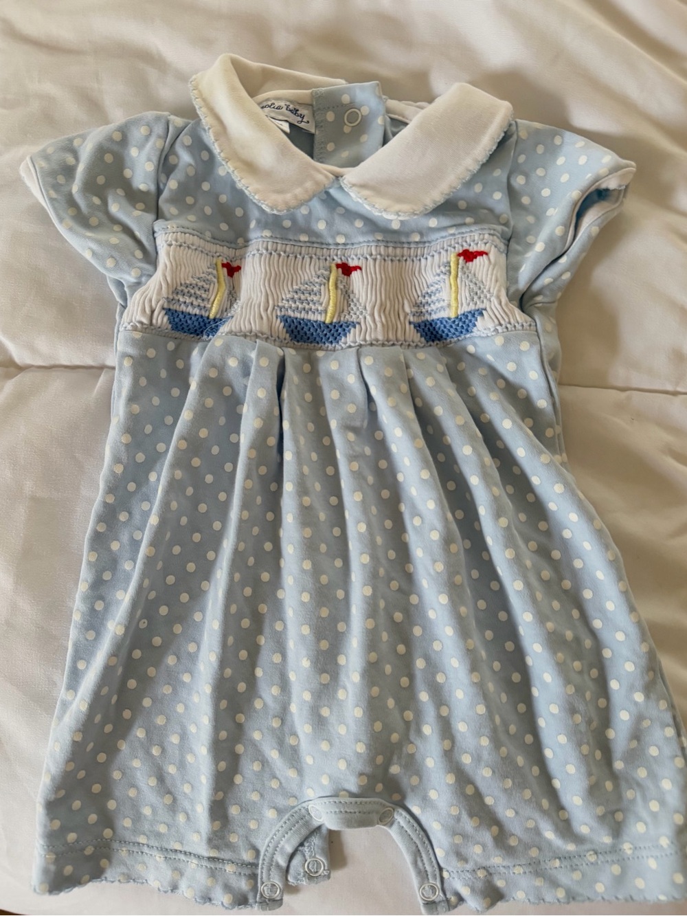 Magnolia Baby Vintage Light Blue Boy’s Polka Dot Sailboat Smocked Romper | 0–3M
